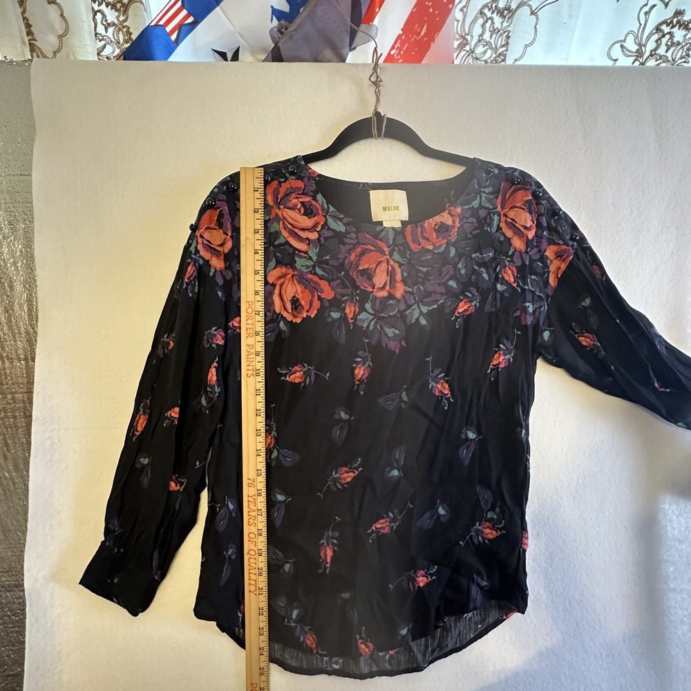 Maeve Anthropologie Black Floral Sheer Blouse Studded Shoulders Size S